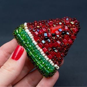 Watermelon brooch handmade, red and green crystal bead embroidered brooch pin